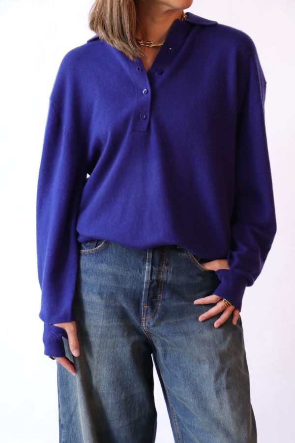 Tibi Washable Cashmere Easy Polo Sweater - Ink Blue