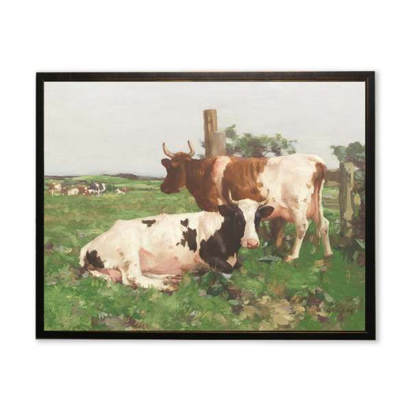 Antique Curiosities Cows in Pasture Scene Framed Art Print