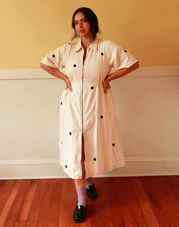 Noble Polka Dot Long Utility Dress - Oat Milk w/ Paprika Stitch | Garmentory