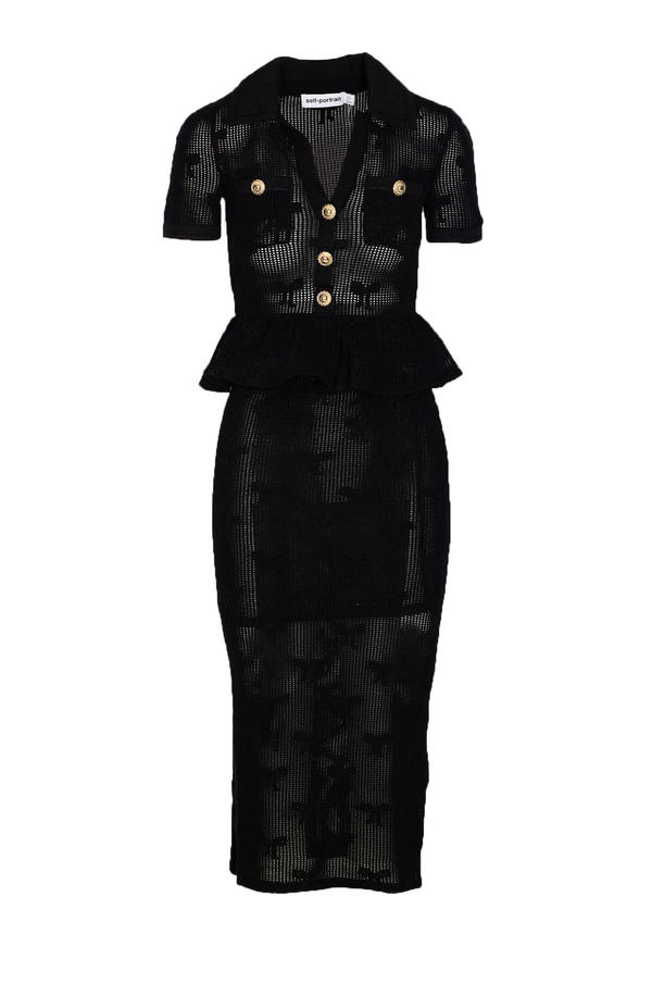 knee length dresses for ladies Black Crochet Petal Long Slip Dress