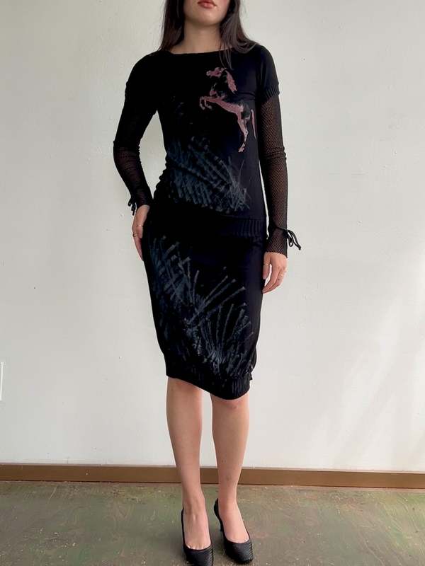 Vintage Deconstructed Horse Print Dress - Black