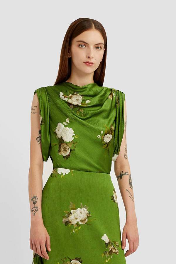 Erdem Short Sleeve Top - Painted Rose Bouquet Olive