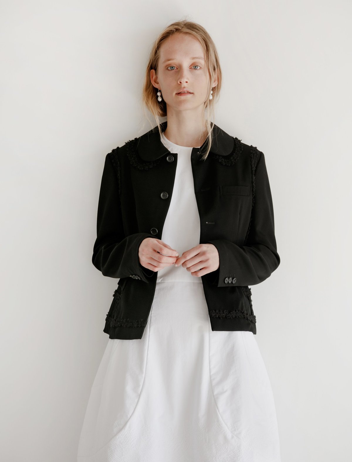 Comme des Garcons Round Collar Jacket with Ruffle Trim - Black 