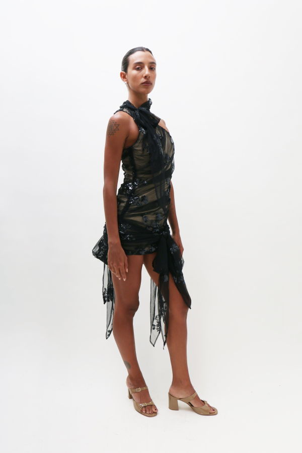 Yuhan Wang Black Sequin Halter Dress