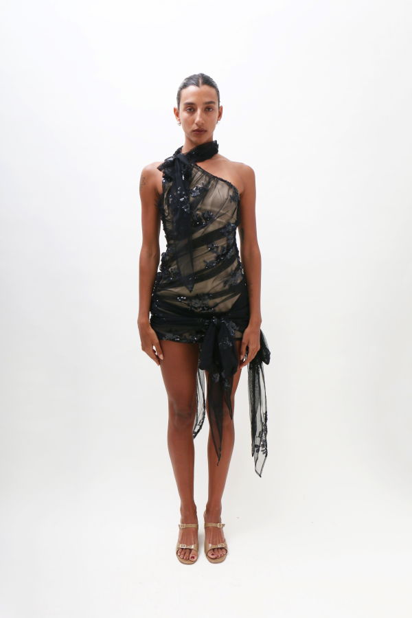 Yuhan Wang Black Sequin Halter Dress