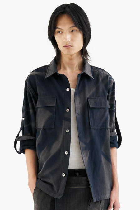 JiyongKim Sun-Bleached Strap Detailed Shirt - Navy | Garmentory