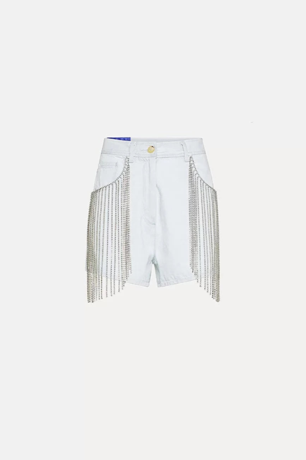 Forte Forte Bleached Denim Shorts with Diamond Fringe - Bleach