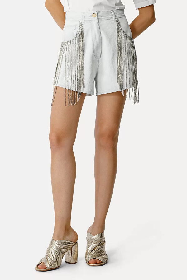 Forte Forte Bleached Denim Shorts with Diamond Fringe - Bleach