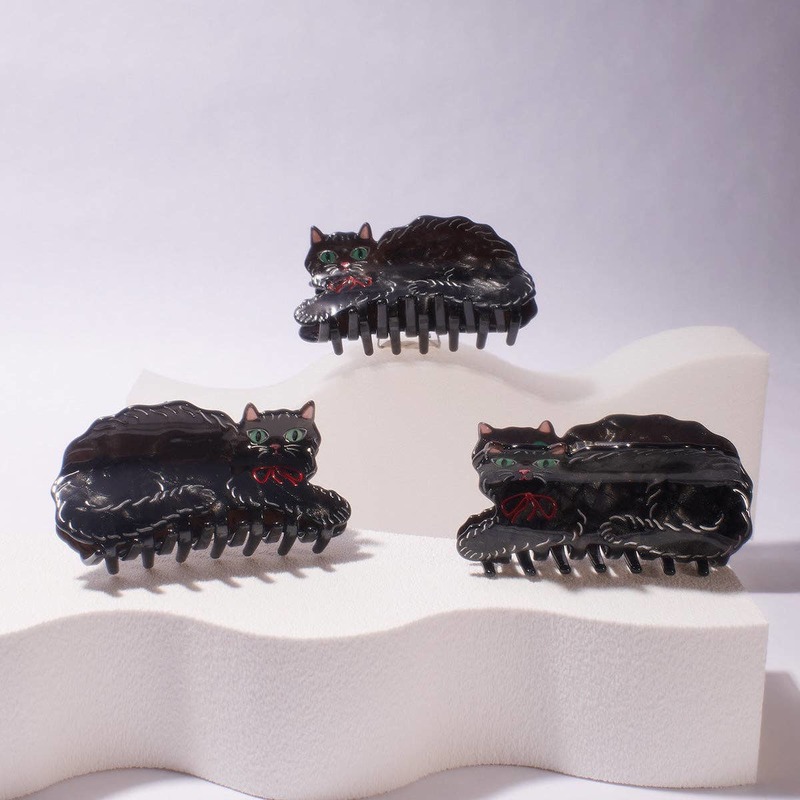 Winona Irene Black Shimmering Cute Kitty Cat Hair Claw with Red Bow Hair Claw