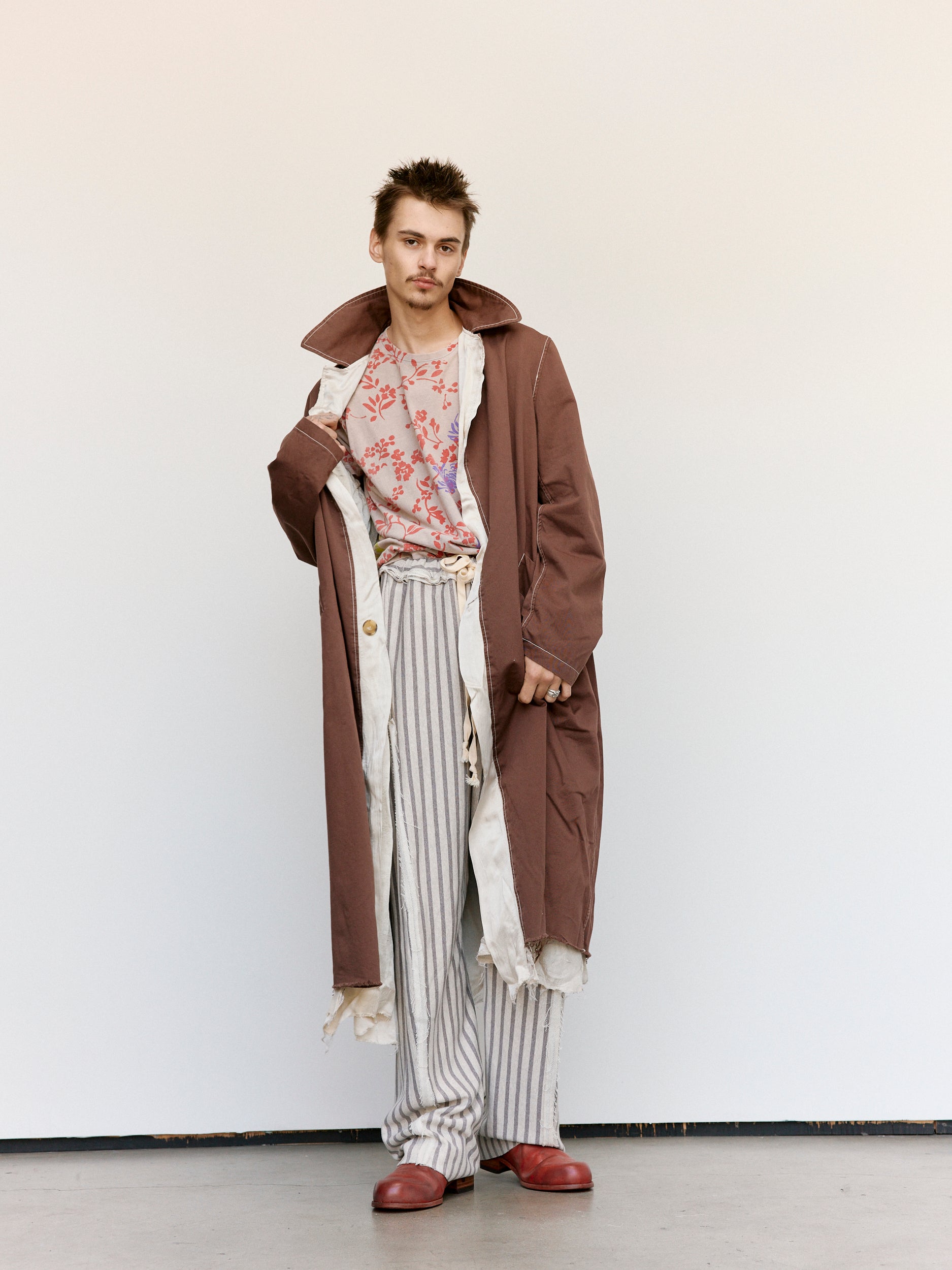 Edward Cuming Washed Brown & White Throw-On Piece Dyed Duster Coat