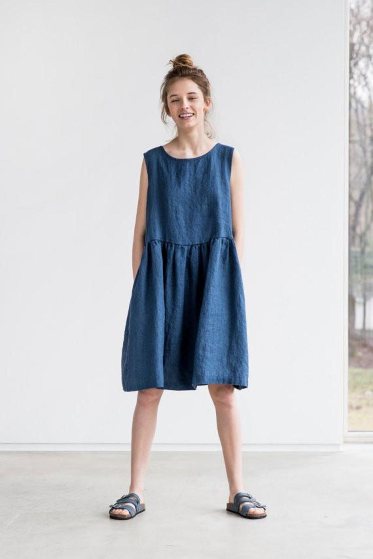 Not Perfect Linen Folking About Linen Dress - Denim Blue | Garmentory
