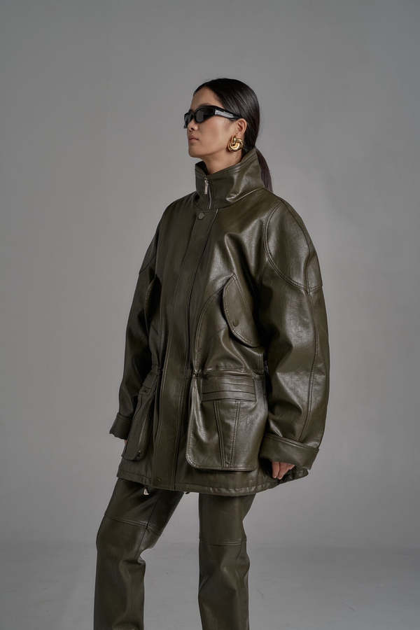 The NKC Store Oversized Vegan Leather Bomber Jacket - Olive