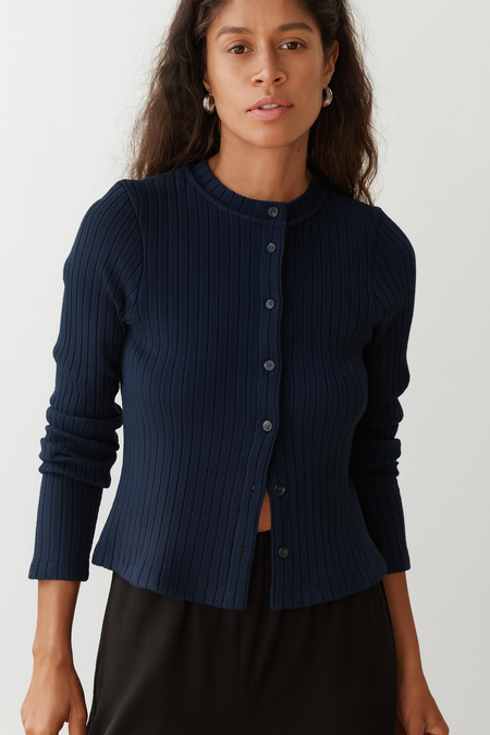 AMOMENTO Blue Ribbed Button Cardigan Top - blue | Garmentory