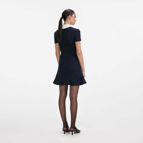 Self Portrait Collar Knit Mini Dress - Navy | Garmentory
