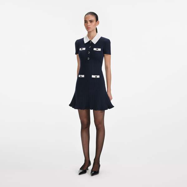 Self Portrait Collar Knit Mini Dress - Navy | Garmentory