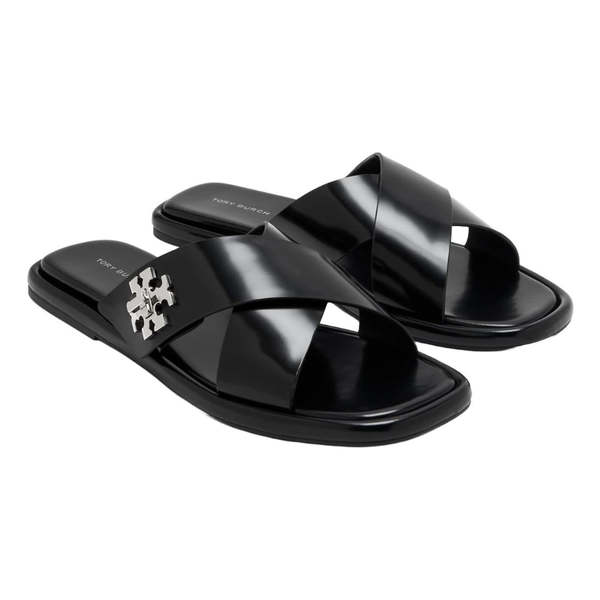 Tory Burch T Lock Cross Band Slides - Perfect Black