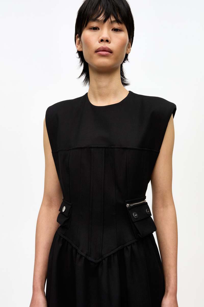 white christmas dresses Black Heavy Cotton Tailoring Corset Midi Dress