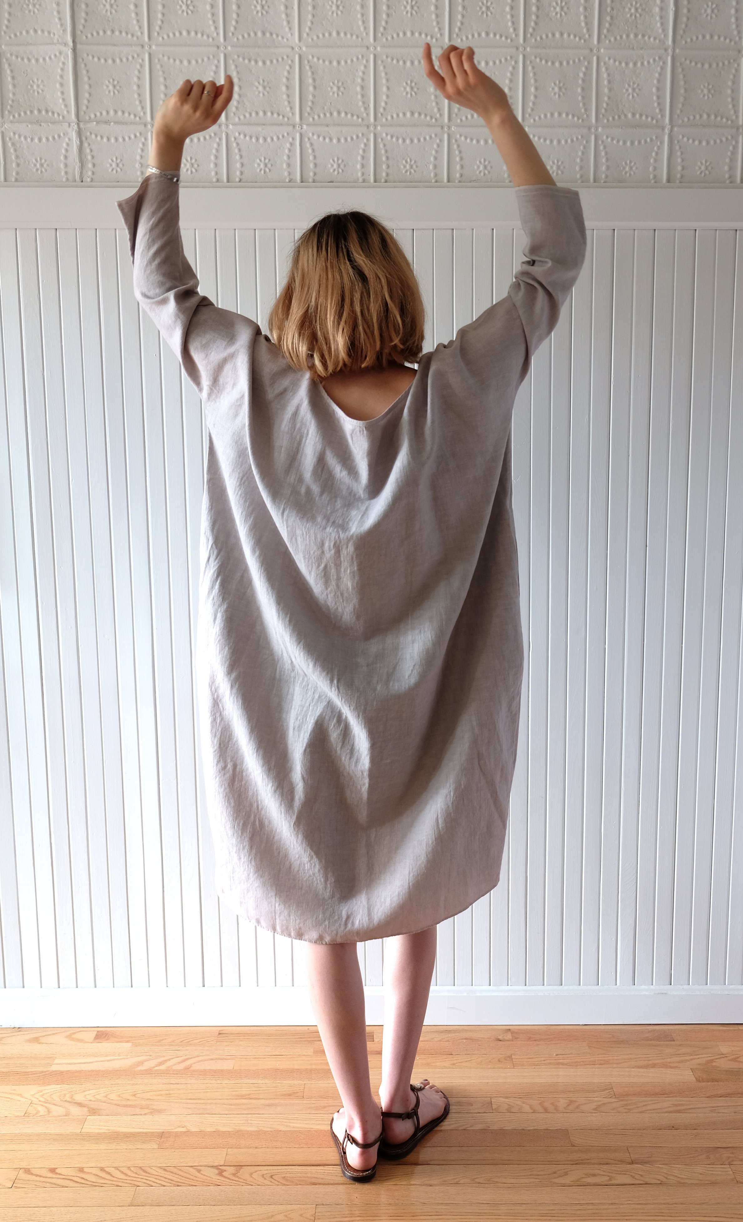 chinese dress ladies OCTOBER SAMPLE SALE Long sleeve cocoon Dress -White Linen – Rachel Craven