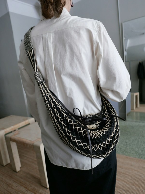 LEMAIRE CROISSANT FILT BAG IN CHEVRON LIGHT BEIGE AND BLACK