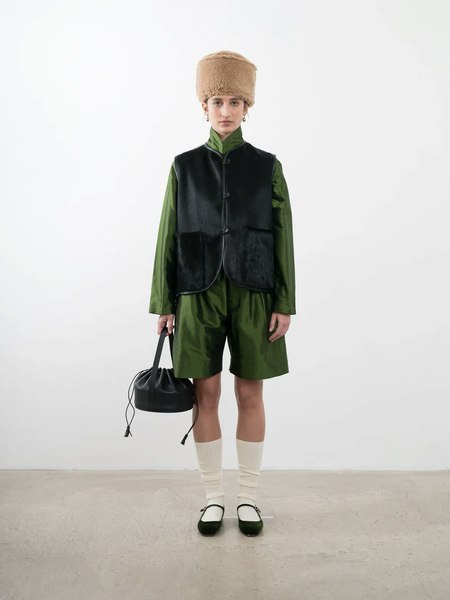 Cawley Studio Ella Sheepskin Vest - Black/Tan Check | Garmentory