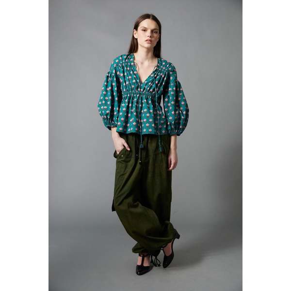 Hope for Flowers by Tracy Reece Shirred Blouse - Posy Woodblock Aqua