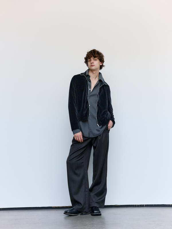 Our Legacy Phantom Stripe Velour Cotton Shrunken Fullzip Polo