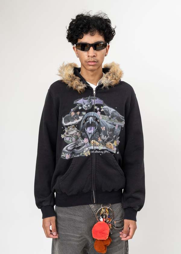 Doublet Furry Collar Zip-Up Hoodie - Black | Garmentory