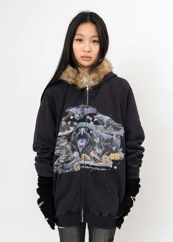 Doublet Furry Collar Zip-Up Hoodie - Black | Garmentory