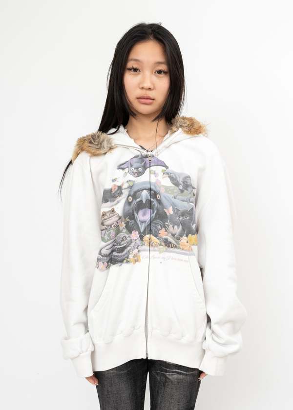 Doublet Furry Collar Zip-Up Hoodie - Ivory | Garmentory