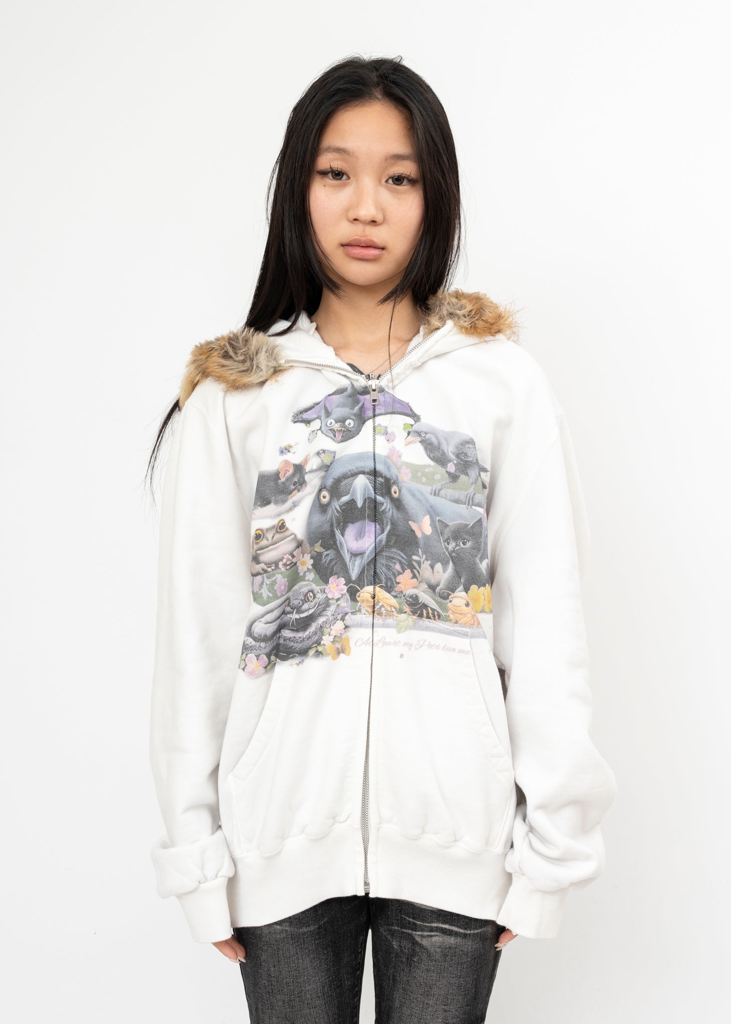 Doublet Furry Collar Zip-Up Hoodie - Ivory | Garmentory