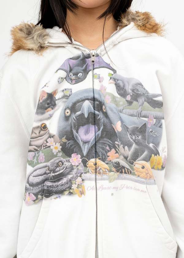 Doublet Furry Collar Zip-Up Hoodie - Ivory | Garmentory