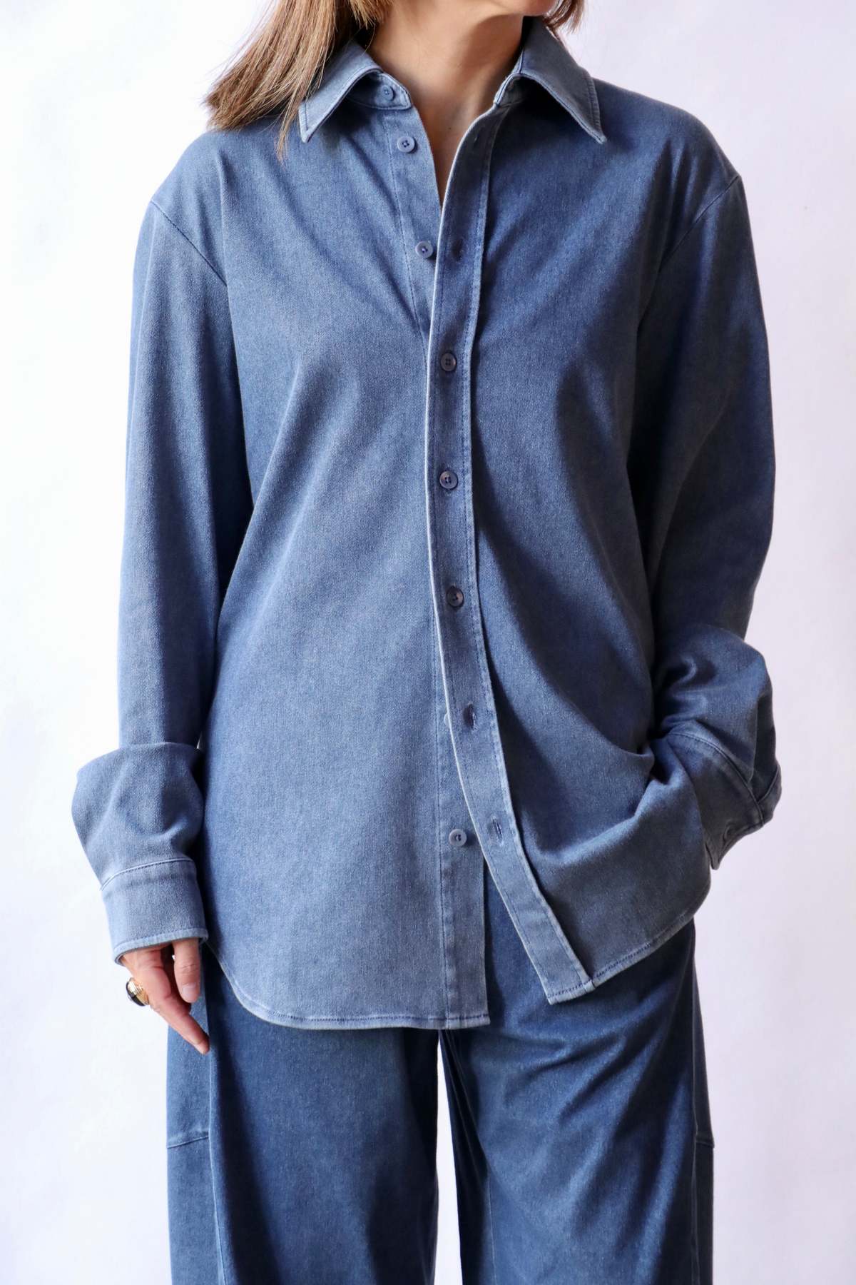 Tibi Stretch Denim Easy Shirt - Classic Wash - Image 2 of 4