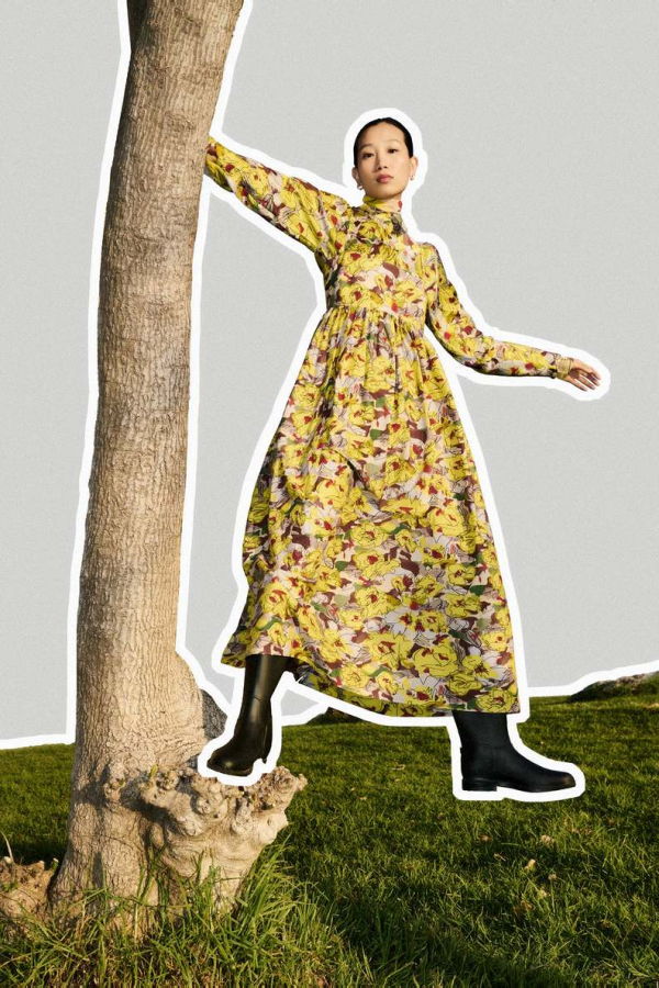 Silk Laundry Cotton Silk Tulip Dress - Sunflower Floral