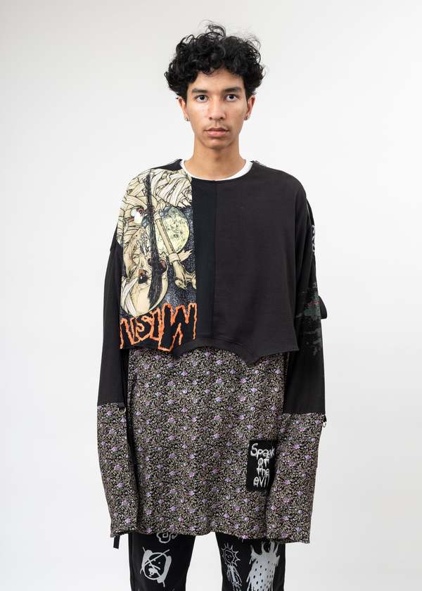 Kidill Punk with Vintage Shirt Fabric Long Sleeve Shirt - Black