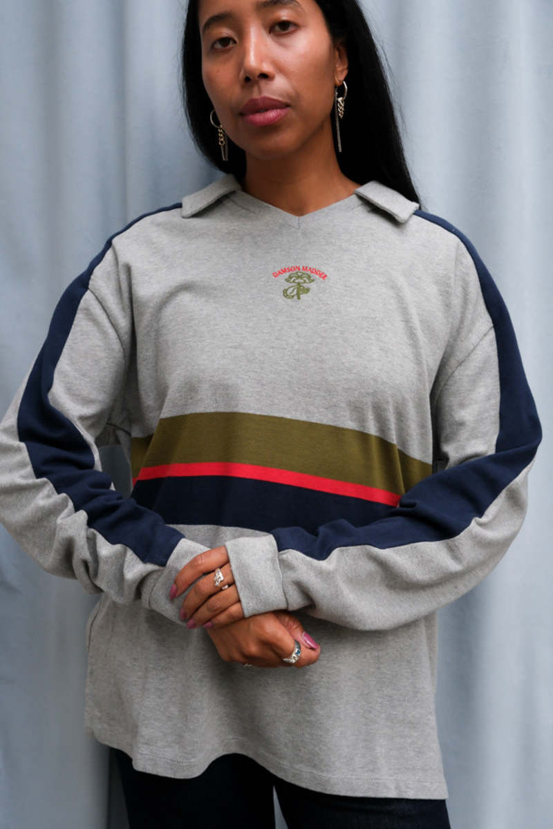 DAMSON MADDER Verity V-Neck Rugby Shirt - Gray