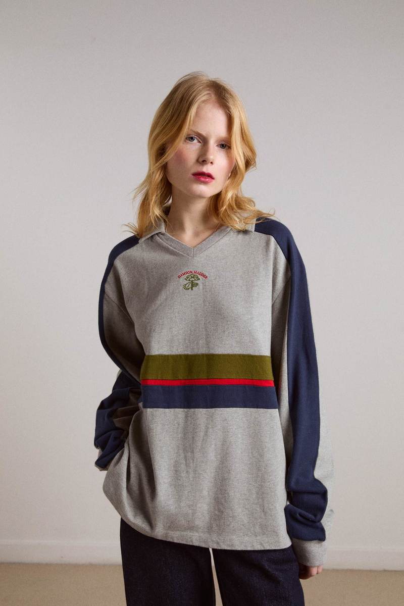 DAMSON MADDER Verity V-Neck Rugby Shirt - Gray