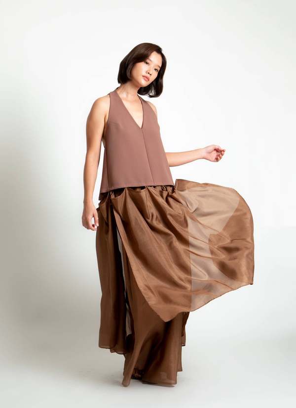 KAAREM Rhythm Halter o Di Two-Piece Dress with Silk Organza Skirt - Cacao Brown / Brown Silk Organza