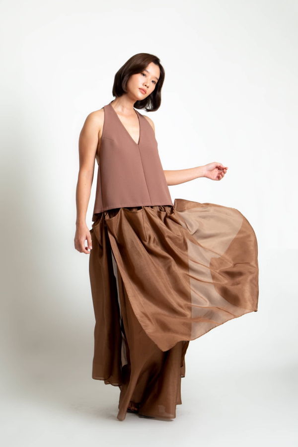 KAAREM Rhythm Halter Áo Dài Two-Piece Dress with Silk Organza Skirt - Cacao Brown / Brown Silk Organza