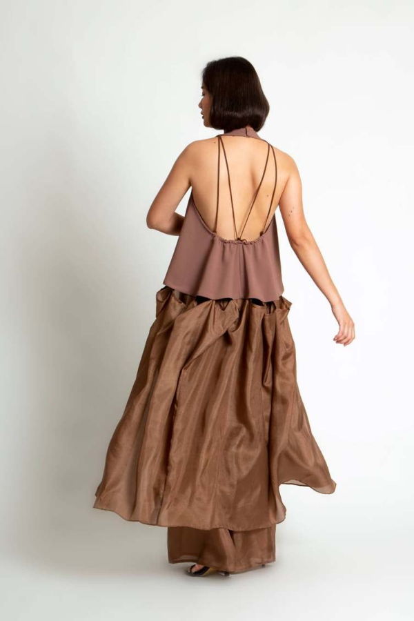 KAAREM Rhythm Halter Áo Dài Two-Piece Dress with Silk Organza Skirt - Cacao Brown / Brown Silk Organza