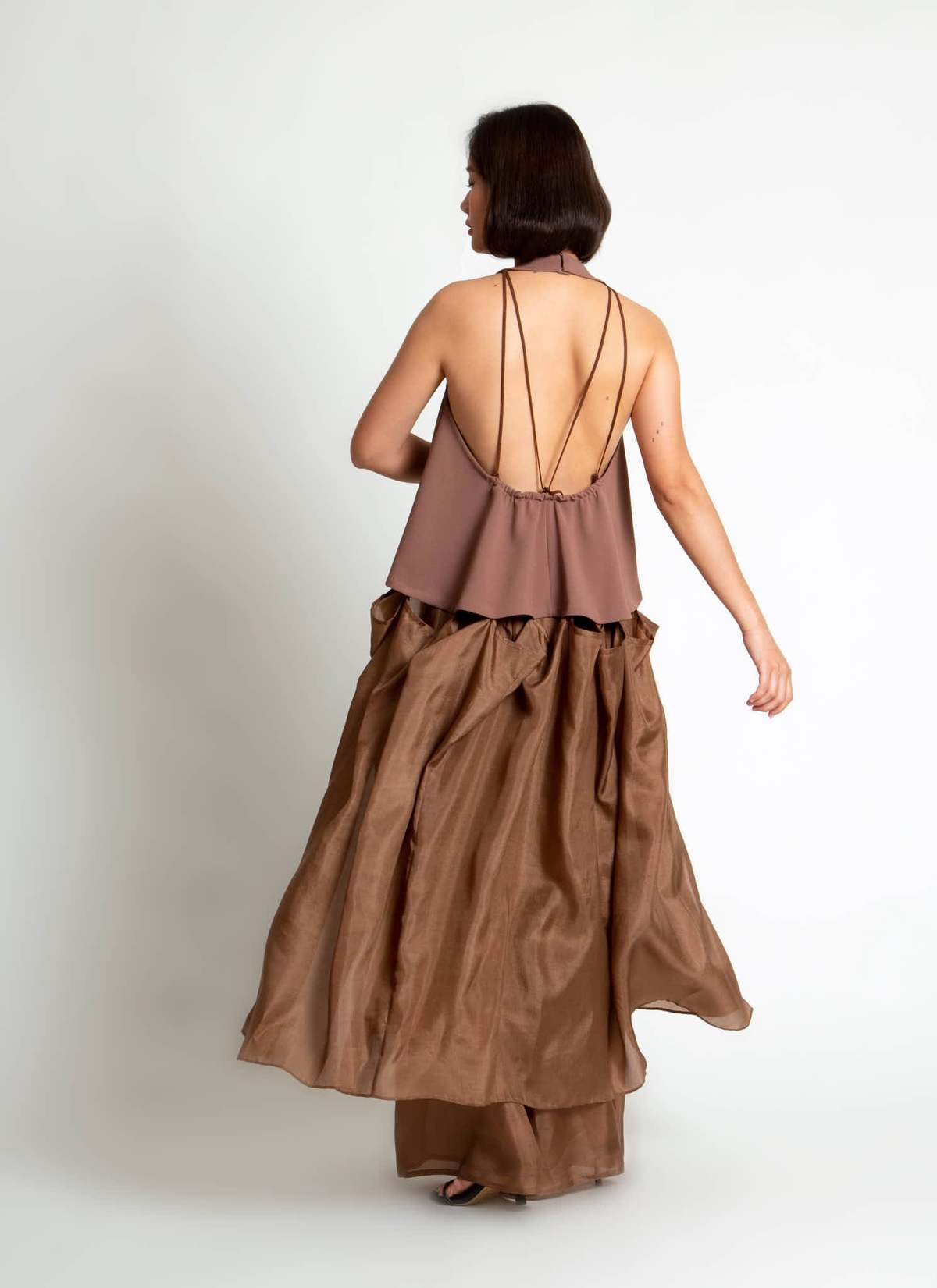 KAAREM Rhythm Halter Áo Dài Two-Piece Dress with Silk Organza Skirt - Cacao Brown / Brown Silk Organza - Image 2 of 29