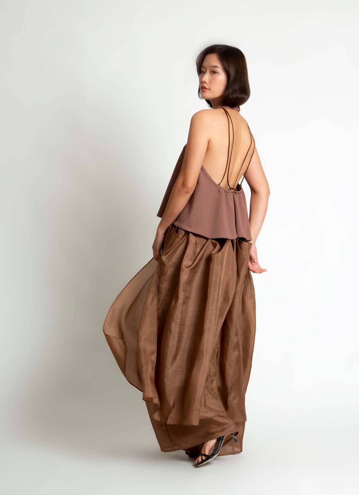 KAAREM Rhythm Halter Áo Dài Two-Piece Dress with Silk Organza Skirt - Cacao Brown / Brown Silk Organza - Image 4 of 29