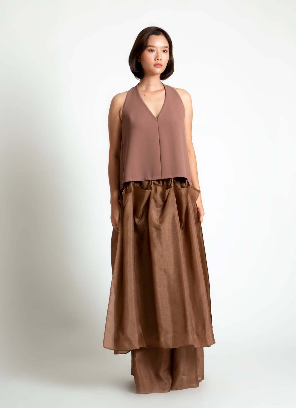 KAAREM Rhythm Halter Áo Dài Two-Piece Dress with Silk Organza Skirt - Cacao Brown / Brown Silk Organza - Image 5 of 29