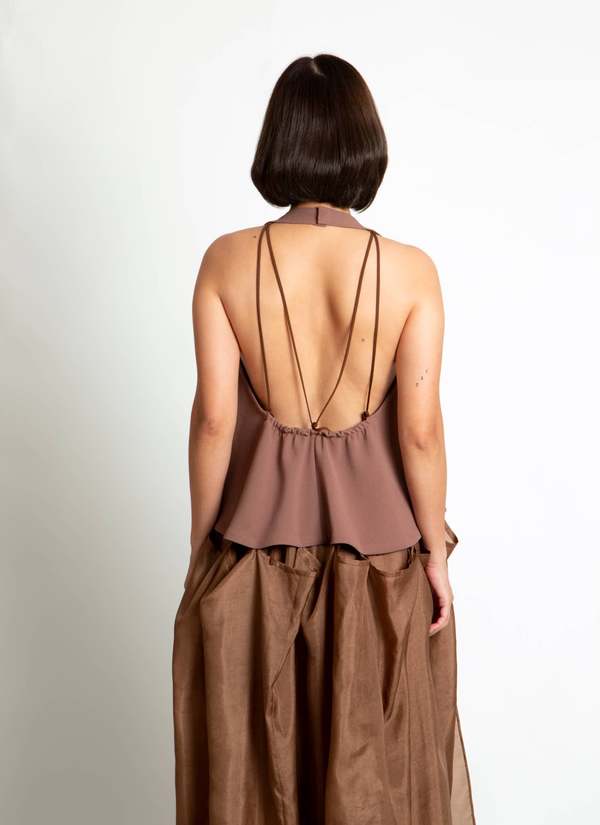 KAAREM Rhythm Halter o Di Two-Piece Dress with Silk Organza Skirt - Cacao Brown / Brown Silk Organza