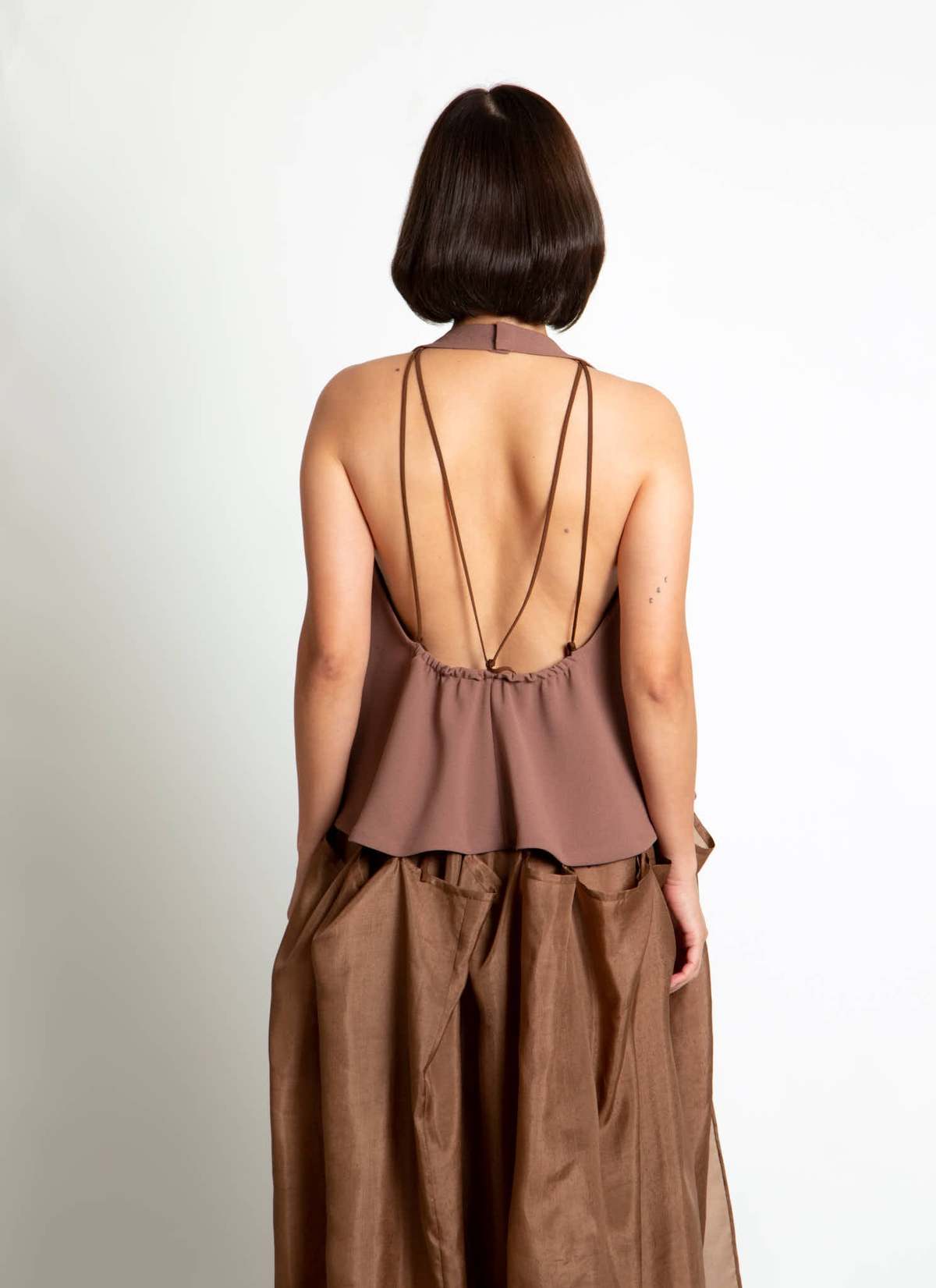 KAAREM Rhythm Halter Áo Dài Two-Piece Dress with Silk Organza Skirt - Cacao Brown / Brown Silk Organza - Image 6 of 29