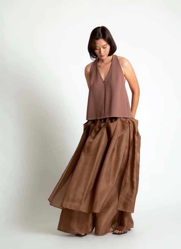 KAAREM Rhythm Halter o Di Two-Piece Dress with Silk Organza Skirt - Cacao Brown / Brown Silk Organza
