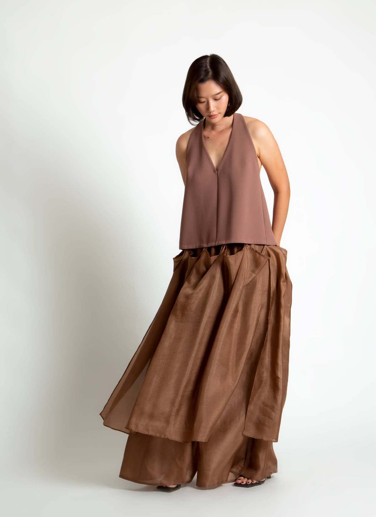 KAAREM Rhythm Halter Áo Dài Two-Piece Dress with Silk Organza Skirt - Cacao Brown / Brown Silk Organza - Image 8 of 29
