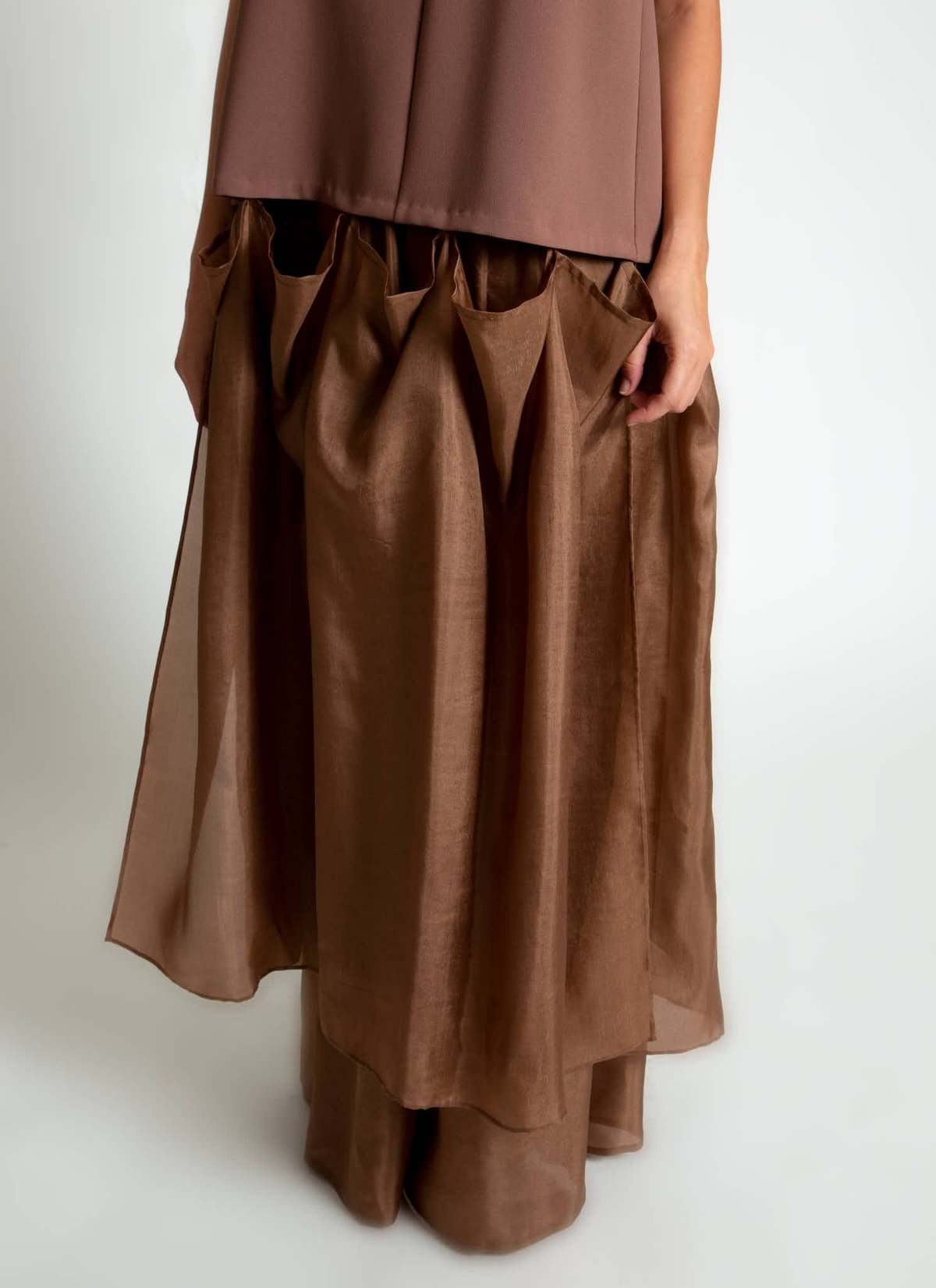 KAAREM Rhythm Halter Áo Dài Two-Piece Dress with Silk Organza Skirt - Cacao Brown / Brown Silk Organza - Image 10 of 29
