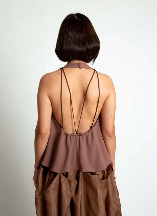KAAREM Rhythm Halter o Di Two-Piece Dress with Silk Organza Skirt - Cacao Brown / Brown Silk Organza