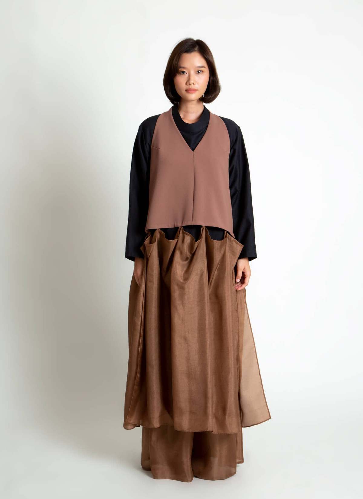 KAAREM Rhythm Halter Áo Dài Two-Piece Dress with Silk Organza Skirt - Cacao Brown / Brown Silk Organza - Image 15 of 29