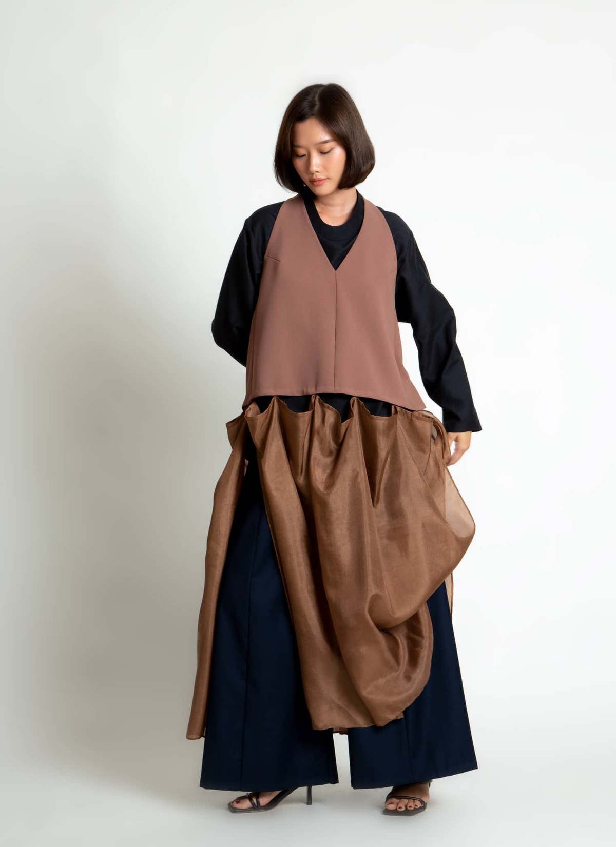 KAAREM Rhythm Halter Áo Dài Two-Piece Dress with Silk Organza Skirt - Cacao Brown / Brown Silk Organza - Image 17 of 29